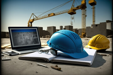 helmet and computer on construction site.Generative AI