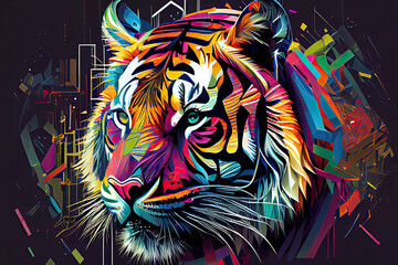 tribal cartoon concept with an abstract colorful geometric ornament tiger