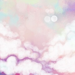 watercolor painting sky floating clouds background pink purple orange pastel Beautiful sky fairy tale background, with the sun shining, giving a light feeling.