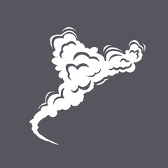 Curvy cloud of steam on grey background cartoon illustration. White comic trail of smoke, fog, hot steam or fume. Vapor, atmosphere, wind concept