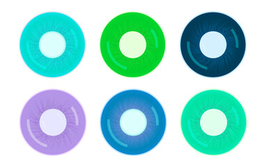set of vector illustrations colored contact lenses isolated on white background