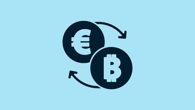 Blue Cryptocurrency exchange icon isolated on blue background. Bitcoin to euro exchange icon. Cryptocurrency technology, mobile banking. 4K Video motion graphic animation