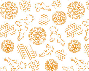 doodle pattern with ginger, lemon, honey, poster for a dining room, restaurant, cafe, banner with vitamin healthy products on a white background drawn with orange lines