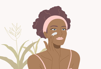 Beautiful young woman with hair band skin care on her face, with flowers and leaves plants background,
organic cosmetic skin care banner. Vector design illustration.
