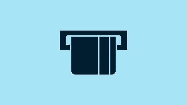 Blue Credit card inserted in card reader icon isolated on blue background. ATM cash machine. 4K Video motion graphic animation
