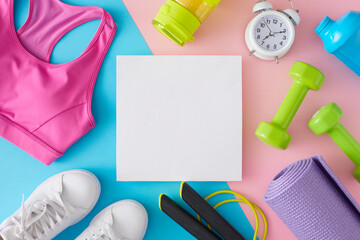 Sports accessories concept. Creative layout made of fitness equipment on pastel pink and blue background with card note in the middle. Minimal sport idea.