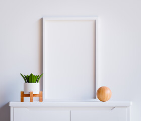 PSD Photo Frame Mockup On Table With Plants and Wood Living Room Decoration White Wall