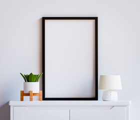 PSD Photo Frame Mockup On Table With Plants and Lights Living Room Decoration White Wall