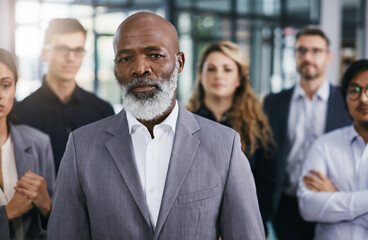 Black man leader, business people and portrait, senior executive and team, collaboration and...