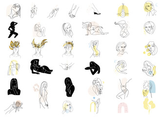 Set of abstractions, lines, contour drawings of hands, female body beauty, motherhood, naked body, silhouette, outline, one line with abstract spots, elements.