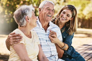 Woman, grandparents and hug for family summer vacation, holiday or break together in the outdoors. Happy grandma, grandpa and daughter with smile in joyful happiness, love or care for elderly parents - obrazy, fototapety, plakaty