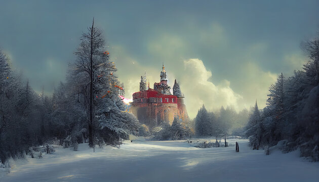 Magical fairy tale castle in winter forest at christmas