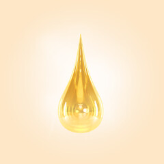 Golden oil drop, serum droplet or yellow clear water on beige background 3d render. Realistic mockup of cosmetic skincare product, bubble of liquid essence, honey or syrup blob - obrazy, fototapety, plakaty
