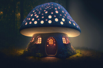 Mushroom house in the night at forest. Illuminated windows, dark sky. Generative AI