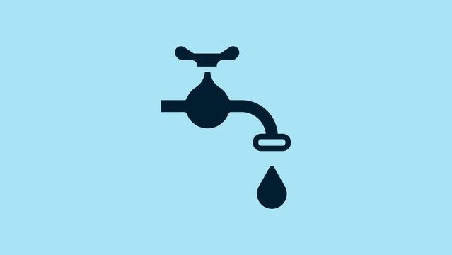 Blue Water tap with a falling water drop icon isolated on blue background. 4K Video motion graphic animation