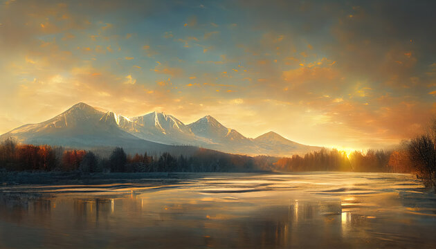 sunrise over the mountains with a lake with soft light