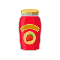 Strawberry jam in glass jar isolated on white background. Tinned food cartoon illustration. Pantry, grocery, storage concept