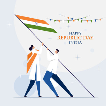 A Man And Woman Hoisting The Indian Tricolour Flag. Indian Republic Day Festival Concept