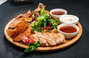 grilled potatoes and meat with various sauces and greens