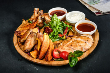 grilled potatoes and meat with various sauces and greens