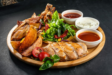 grilled potatoes and meat with various sauces and greens