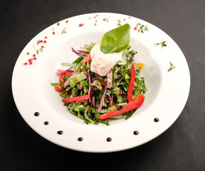 salad with veal, lettuce leaves, pepper, red cabbage and sauce