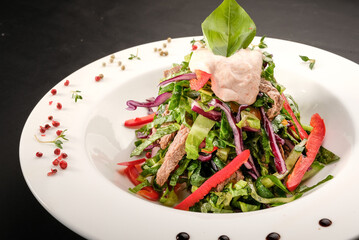salad with veal, lettuce leaves, pepper, red cabbage and sauce