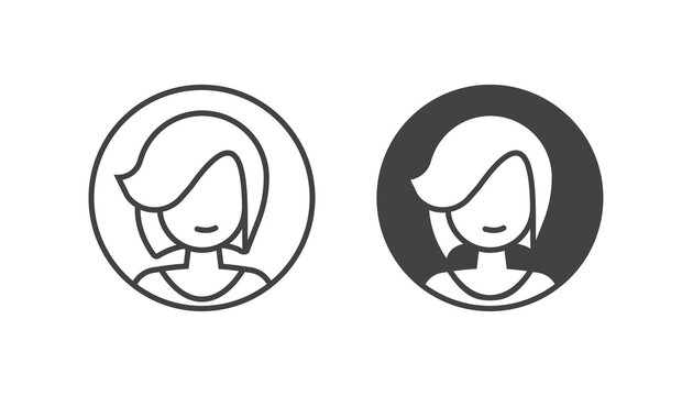 Woman lady user account icon front circle vector, girl female profile line outline art black white simple pictogram graphic illustration clipart, person avatar picture face silhouette linear stroke
