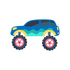 Blue and green monster truck as toy vector illustration. Childish cartoon drawing of retro race car with big wheels isolated on white background. Transport, transportation, racing concept