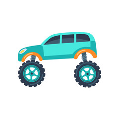 Blue monster truck as toy for children vector illustration. Childish cartoon drawing of retro race car with big wheels isolated on white background. Transport, transportation, racing concept