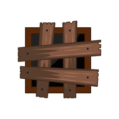Old window closed by wooden boards vector illustration. Cartoon drawing of broken window covered by planks from wood on white background. Damage, safety, security, furniture, protection concept