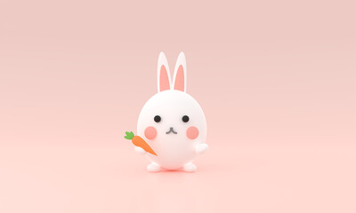 3d rendering illustration of cute rabbit holding carrot decorations. Animal characters isolated on pastel background.  bunny holding carrot minimal . cartoon icons Funny. cute animal symbol of 2023.