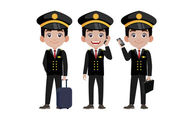 Airline pilot with different poses. vector
