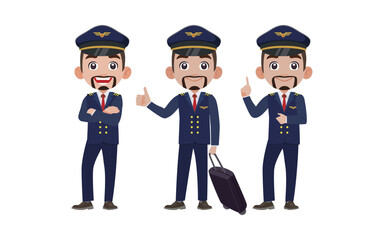 Airline pilot with different poses. vector