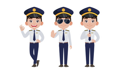 Airline pilot with different poses. vector