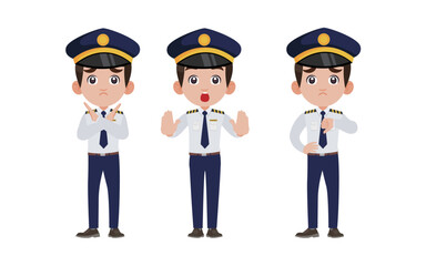 Airline pilot with different poses. vector