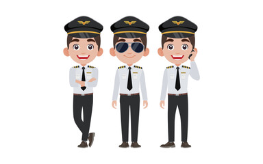 Airline pilot with different poses. vector