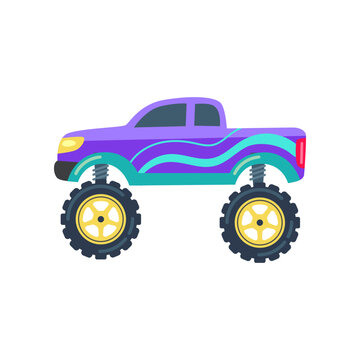 Purple monster truck as toy for children vector illustration. Childish cartoon drawing of retro race car with big wheels isolated on white background. Transport, transportation, racing concept