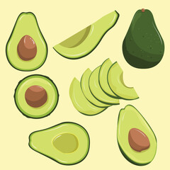 Vector fresh fruit avocado isolated on white background. Whole and cut in half avocado, summer fruit