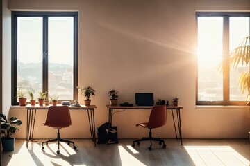 Cozy, Modern home desk office workplace with  wooden floor, bright sun light, soft shadows, and window view of the city