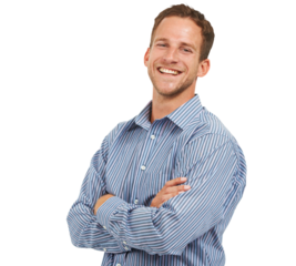 A studio portrait of a happy young businessman posing Isolated on a PNG background.
