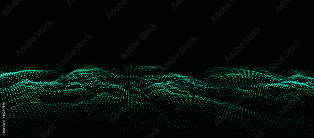 Poster Dynamic particle wave. Futuristic green point wave. Flow digital structure. Data technology background. Vector illustration.