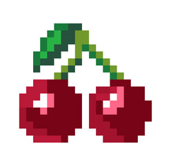 Ripe cherries on stem with leaves, pixel style