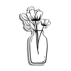 Black line doodle Flower in a Bottle on white silhouette and gray shadow. Hand drawn cartoon style. Vector illustration for decorate and any design.