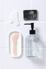 Concept of bath accessories, bath supplies, top view