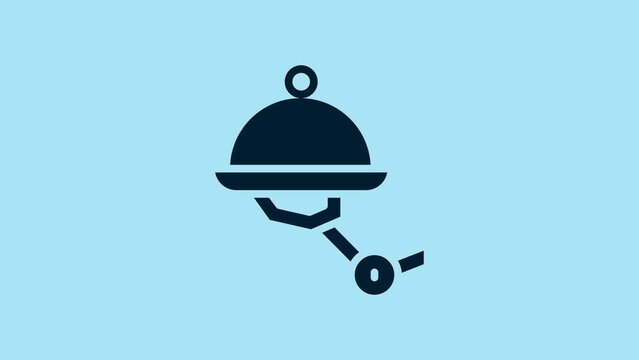 Blue Waiter robot with covered plate icon isolated on blue background. Artificial intelligence, machine learning, cloud computing. 4K Video motion graphic animation