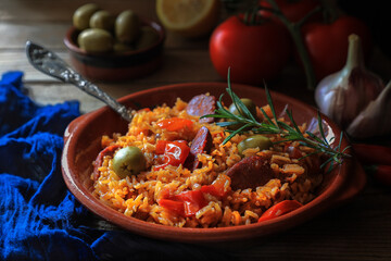 Spanish food specialty - chorizo sausage cooked with rice, tomatio, paprika, onion, garlic and saasoned with smoked paprika powder - olive and rosemary leaf deco on top (dark and moody photography)
