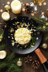 Obraz na płótnie Canvas Concept of New year food, Olivier salad, top view