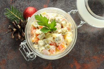 Concept of New year food, Olivier salad, top view
