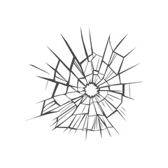 Bullet hole in glass on white background illustration. Crack from shot, damaged glass, weapon hole in window. Shot, crime, target, violence, damage, destruction concept